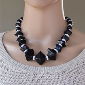 Napier Black & White Beaded Statement Necklace Graduated Geometric Bicone Beads
